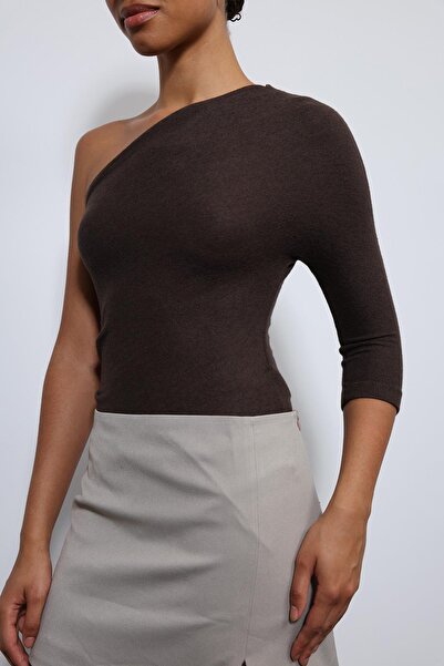 Antioch Brown Asymmetrical Neckline Top