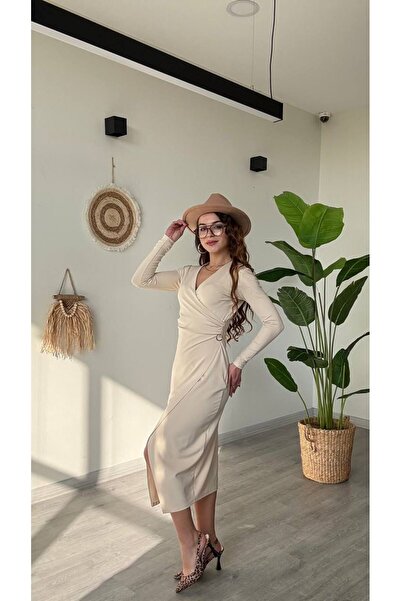 modadagiyim Red V-Neck Asymmetrical Cut Waist Buckle Detail Midi Very Stylish Dress