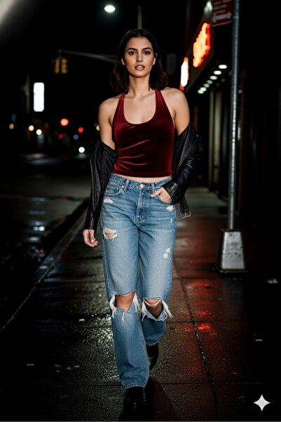 World Fashion Trends Velvet Halter Neck Crop Top Bluz Body Black