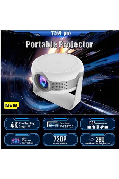 HYX Smart Portable 4K Projector T269 Pro, Android 12, 3500 Lumens, 130" Screen