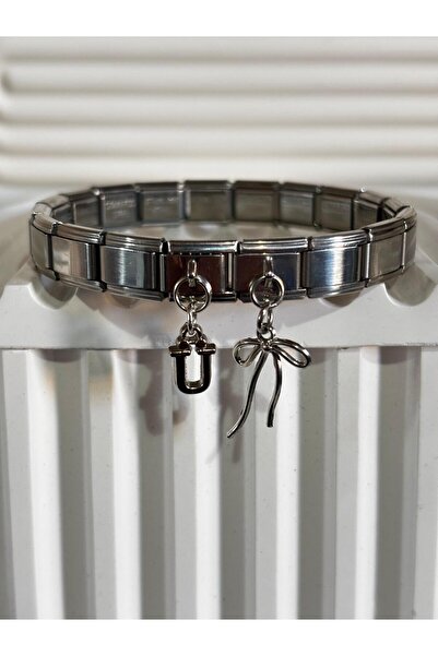 bijoux uniques سوار إيطالي من الفولاذ مع شريط مزين بحرف U
