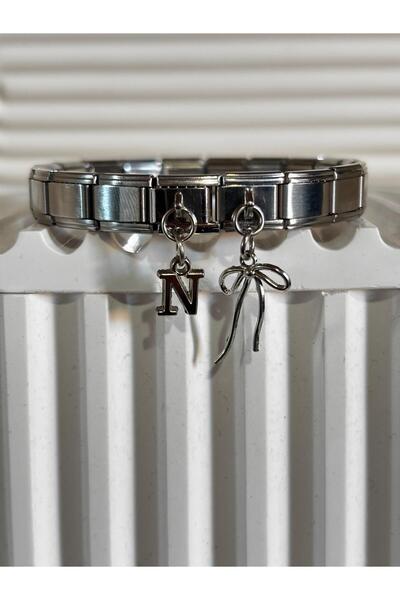 bijoux uniques سوار إيطالي من الفولاذ مع شريط مزين بحرف N