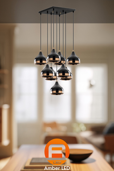AmberLED Parlak Siyah Metal Gövdeli 9'Lu Sarkıt Aydınlatma Mutfak ve Salon İç...