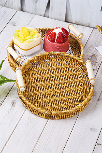 Home Ravera Rattan Decorative Presentation Serving Tray 31 cm Round Tray with Wooden Handle