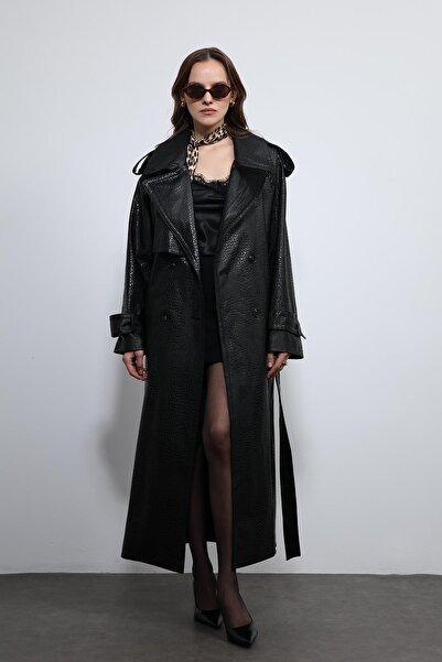 Antioch Black Textured Faux Leather Trench Coat