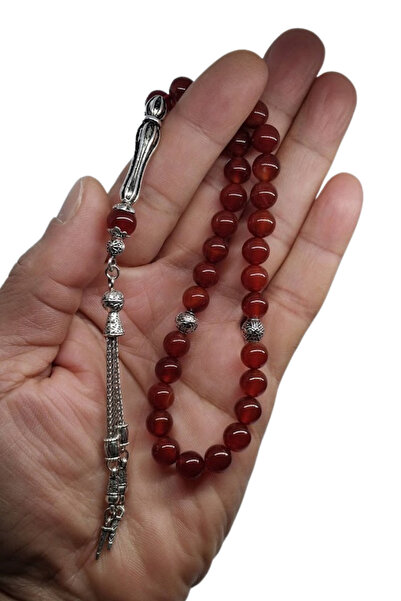 oftenadmire Natural Stone Agate Prayer Beads, 33 Grain Silver Color Double Model Tassel Rosary, Gift Boxed