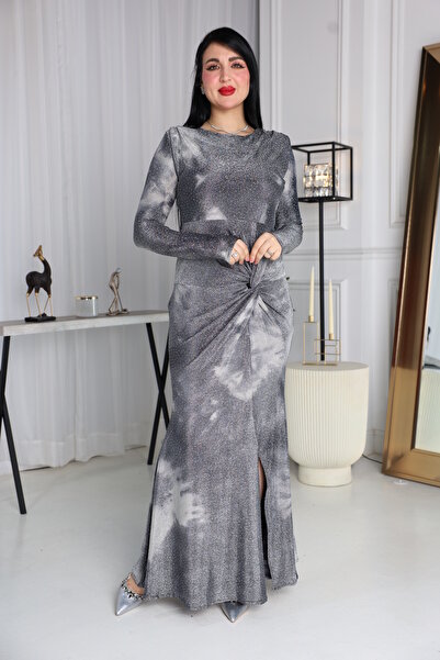 berlanty A long, shimmering evening dress with a tie-dye pattern and a front bow.