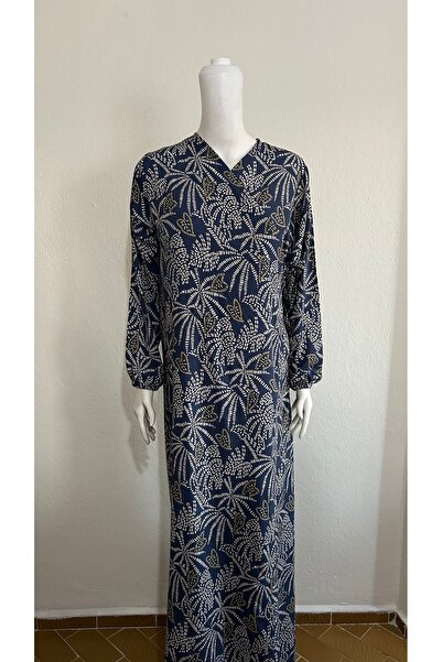 GİZGİYİM Blue Viscose Patterned Side Tie Prayer Dress Plus Size