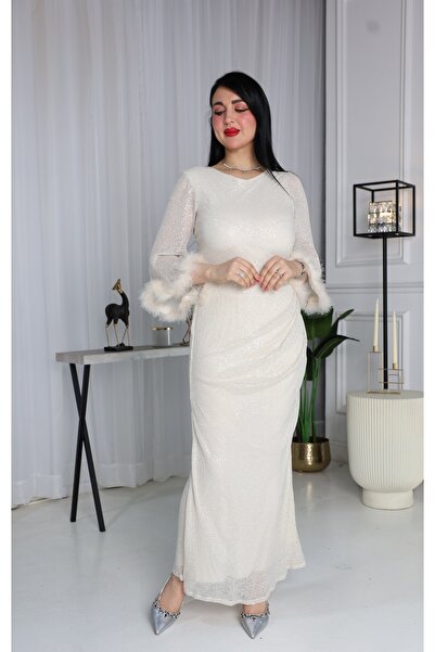 berlanty Long evening satin dress with sequin embellishment and feather-trimmed sleeves - Cream