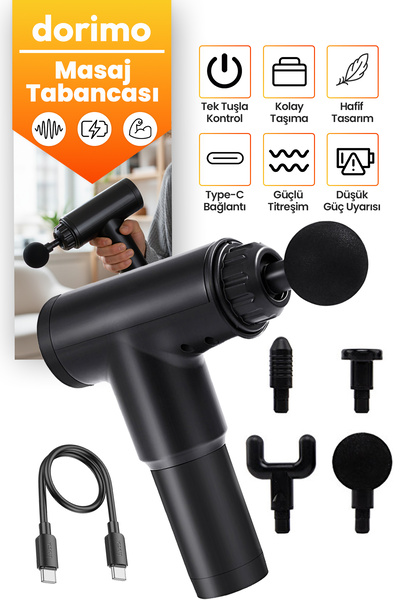 Dorimo Masaj Tabancısı 4 Başlıklı Şarjlı Titreşimli Sporcu Masaj Aleti 6 Kademeli Derin Doku Masaj Cihazı