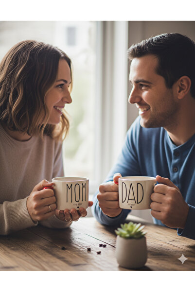 IŞILAY PROMOSYON Mom & Dad Text Printed Ceramic Latte Cup Special for Lovers