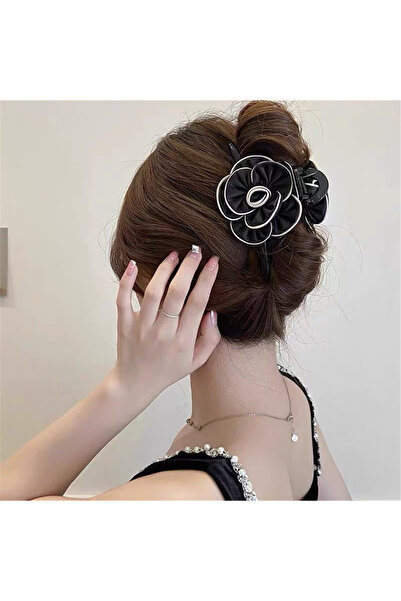 Pelin Aksesuar Black and White Striped Detail Camellia Flower Latch Buckle