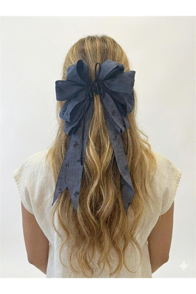 Pelin Aksesuar Blue Denim Look Long Tail Bow Buckle