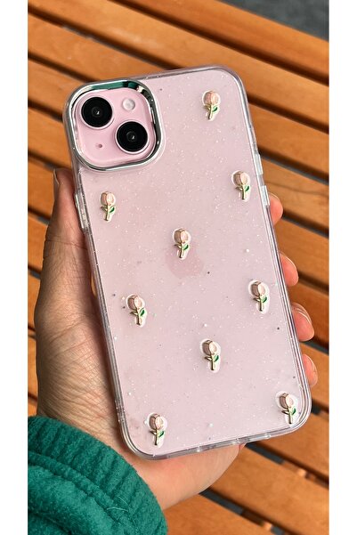 EDELFU iPhone 14 Plus and 15 Plus - Transparent Glitter Tulip Pattern Cover Shiny Case with Camera Protrusion