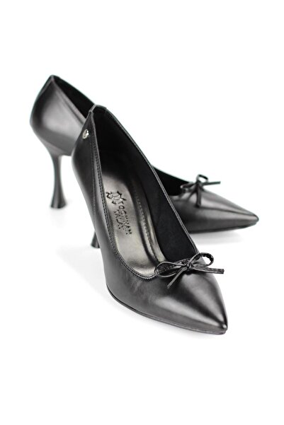 Gökhan Talay Mila Flexible Soft Non-Slip Sole (8 cm) Black Skin Thin Mustache Bow Women's Heeled Footwear