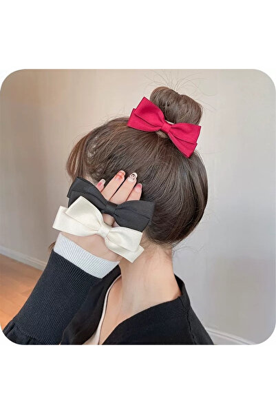 Pelin Aksesuar Red black and white satin bow hair clip set
