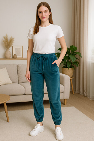 Mihra 209-12-25 Kadın Yüksek Bel Lastikli Çift Cepli Rahat Kalıp Paça Lastikl...