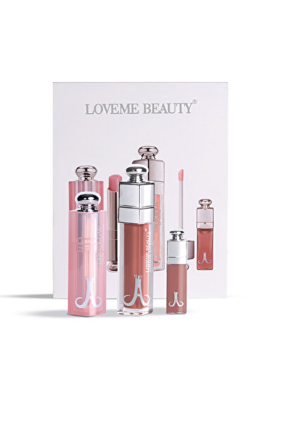 LOVEME BEAUTY مجموعة أحمر الشفاة واللمعان - روج سائل طويل الثبات + روج ميني + قلوس مرطب - الوان النود المثالية