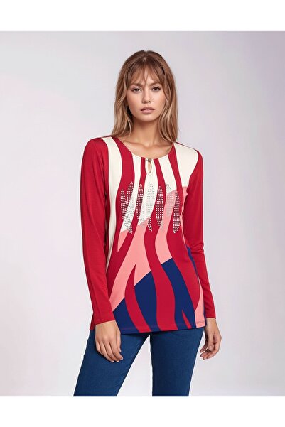 MAMAYAGA Women's Crew Neck Stretchy Patterned Stone Viscose Long Sleeve Curve Plus Size Blouse