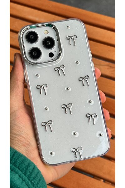 EDELFU آيفون 14 برو ماكس - غطاء شفاف بنمط فيونكة فضية لامعة مع بروز للكاميرا