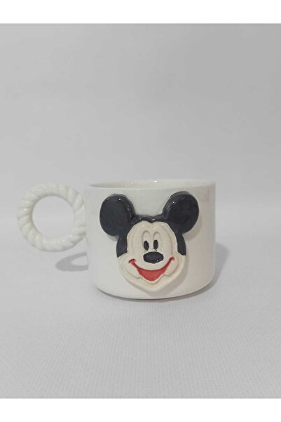Zümrüdüanka Seramik Mickey Mouse Kabartmalı El Yapımı Seramik Kupa
