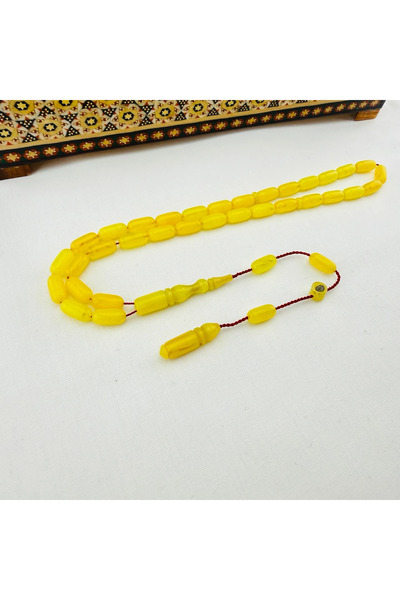 Bülbül Tesbih Halil Demirkol Usta İmzalı Sarı Hareli Alman Blok Kehribar Tesp...