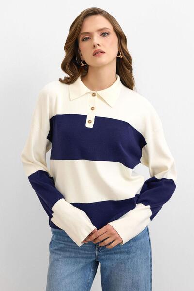 Ranasubaşı Block Striped Knitwear Sweater Cream – Navy Blue