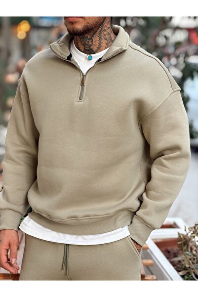 manch collection Fleece-Lined Zippered Collar Top and Bottom Set Khaki