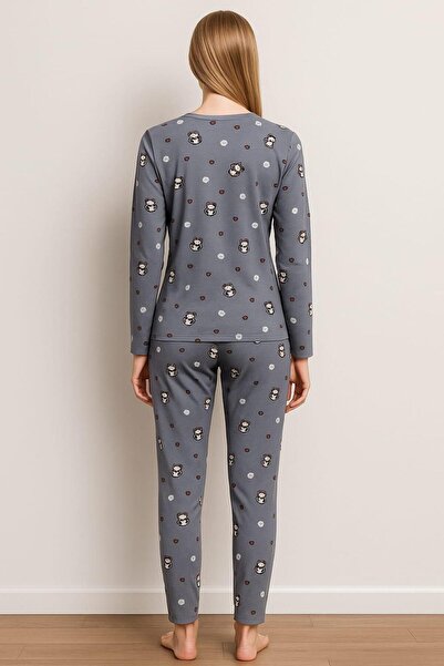 Pemilo Women's 0299 Long Sleeve Patterned Suede Pajama Set Gray