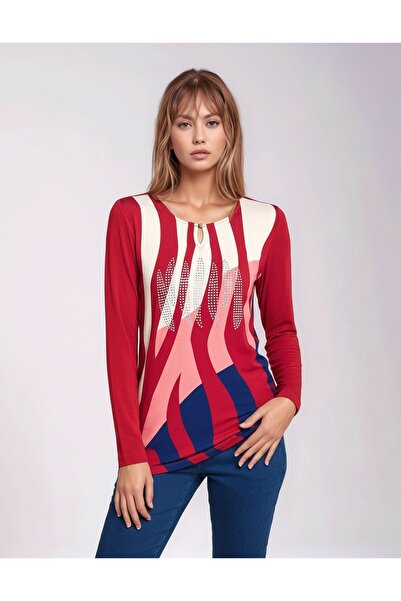 MAMAYAGA Women's Crew Neck Stretchy Patterned Stone Viscose Long Sleeve Curve Plus Size Blouse