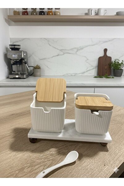 Qerhome Salt and Pepper Shakers with Bamboo Lid and Porcelain Spoon, 2-Piece Marble Stand, 300 ml (Cmr)
