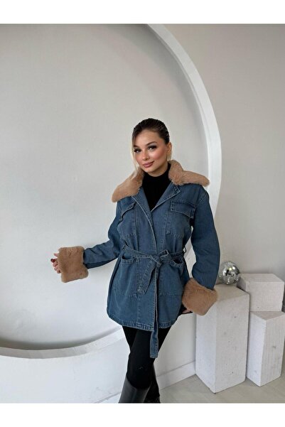 Helen Goods Jachetă de denim cu curea cu detalii din blană pentru femei