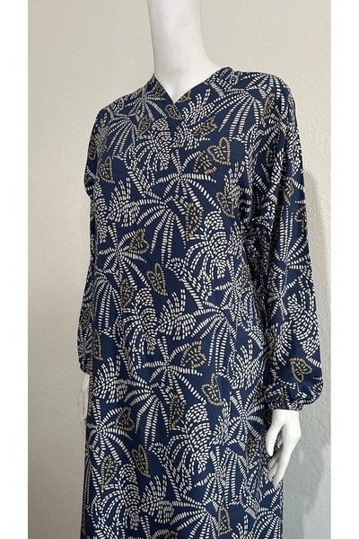 GİZGİYİM Blue Viscose Patterned Side Tie Prayer Dress Plus Size