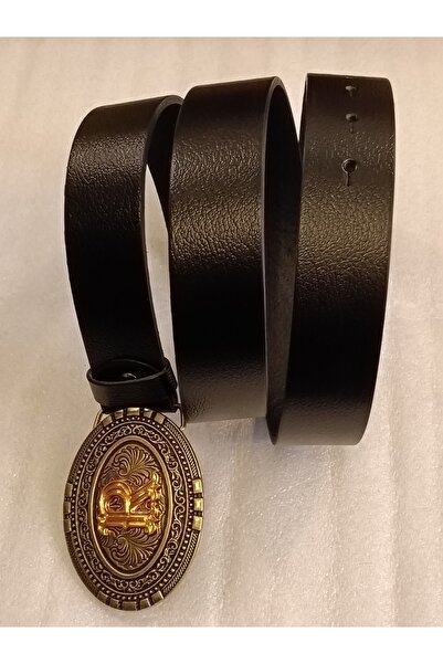 Butik Tülin حزام من جلد العجل الأصلي غير مُحدد الجنس، مُزين بنقشة سوداء وحروف...