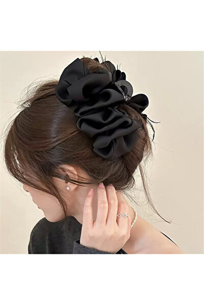 Pelin Aksesuar Black Satin Fabric Feathered Large Flower Clasp Buckle
