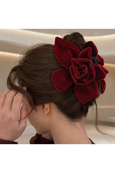 Pelin Aksesuar Bordo Kadife Dokulu Büyük Çiçek Mandal Toka