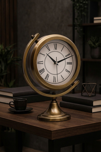 Muyika Design Gold Metal Masa Saati – Sessiz Mekanizma, Roma Rakamlı Dekoratif Vintage Tasarım-Mezza Gold Roma
