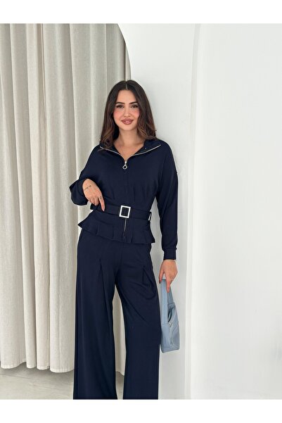 lubiti Women's Trendy Waist Belted Mock Neck Zippered Modal Tracksuit Set