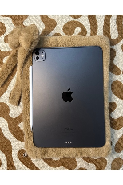 MUTE BAG Plush Tablet Bag / Milk Coffee Plush Tablet Case with Bow Charm 11'' - 12'' Inch (30*22)