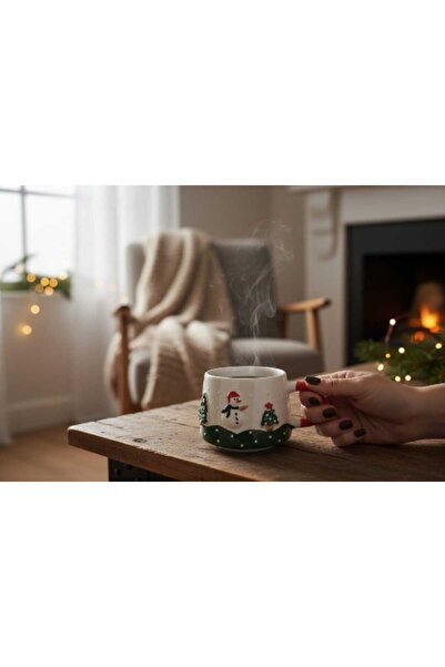 Renkli Düşler Atölyesi Seramik Kardan Adam ve Çam ağacı Noel Desenli Fincan/Y...