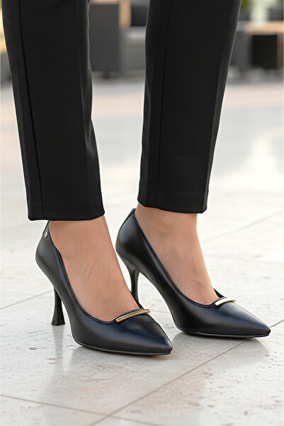 Gökhan Talay Arina Flexible Soft Non-Slip Sole (8 cm) Black Leather Thin Strap Buckle Women's Heeled Shoes