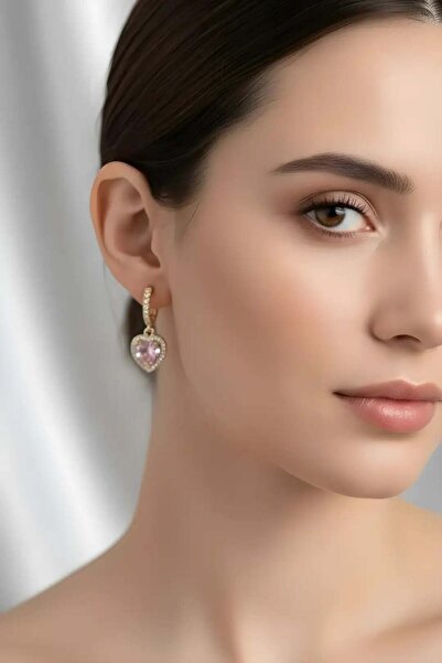 Clariss Pirinç Gold Pembe Renk Zirkon Taşlı Kalp Model Kadın Küpe