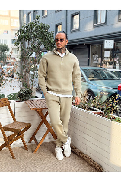 manch collection Fleece-Lined Zippered Collar Top and Bottom Set Khaki