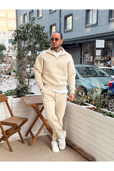 manch collection Fleece-Lined Zippered Collar Top and Bottom Set Cream