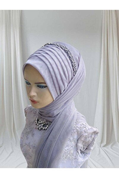 Nuray hazır duvak Accessories Included Light Gray Stretch Fabric Fabric Single-Piece Model Practical Shawl Ready-Made Turban Ready-Made Veil Ready-Made Shawl