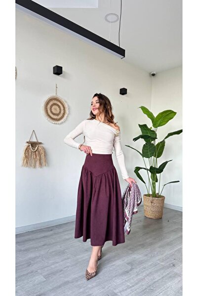 modadagiyim Women's Suede Ruched Detail Very Stylish Midi Skirt