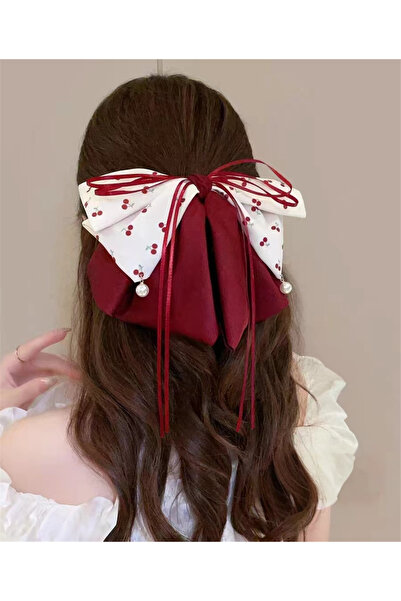 Pelin Aksesuar Beyaz Kiraz Desenli ve Bordo Kurdeleli Fiyonk Toka