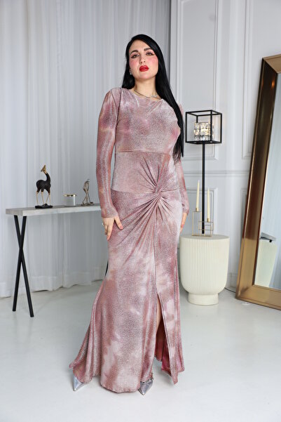 berlanty A long, shimmering evening dress with a tie-dye pattern and a front bow.