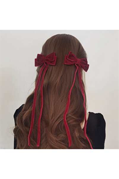 Pelin Aksesuar Bordo Kadife Dokulu Uzun Kuyruklu İkili Fiyonk Toka