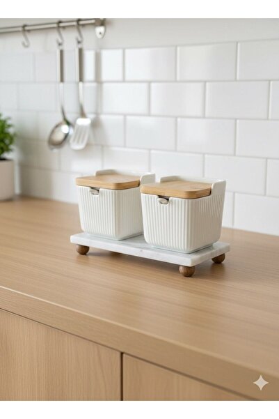 Qerhome Salt and Pepper Shakers with Bamboo Lid and Porcelain Spoon, 2-Piece Marble Stand, 300 ml (Cmr)